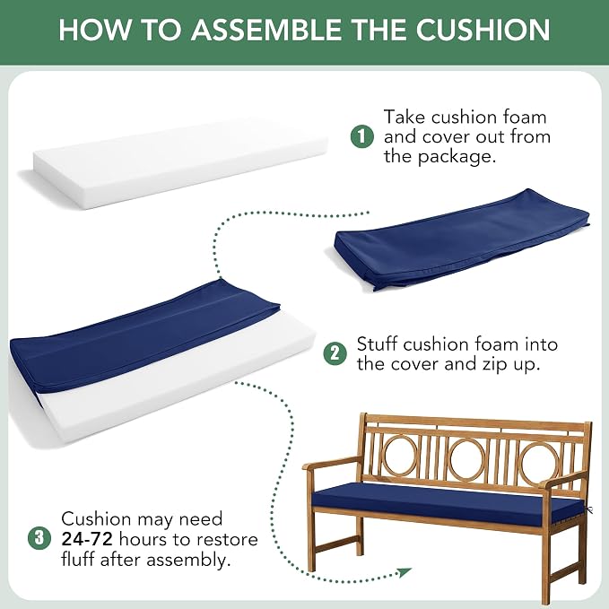 Summsun Outdoor Bench Cushion: Waterproof and Fade Resistant Patio Furniture Cushions - Non-Slip Bench Pad Cushion with Removable Cover for Garden Swing Porch Sofa Settee, 42 x 18 Inch, Navy Blue