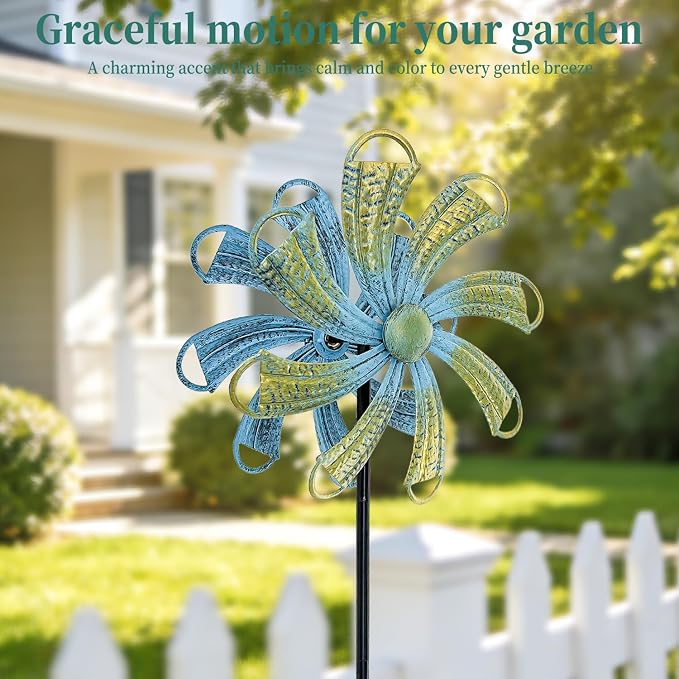 Wind Spinners Outdoor, Bronze Flower Double-Sided 360° Wind Spinner with Stake, Metal Garden Yard Decor (12.3" Dia x 54" H)
