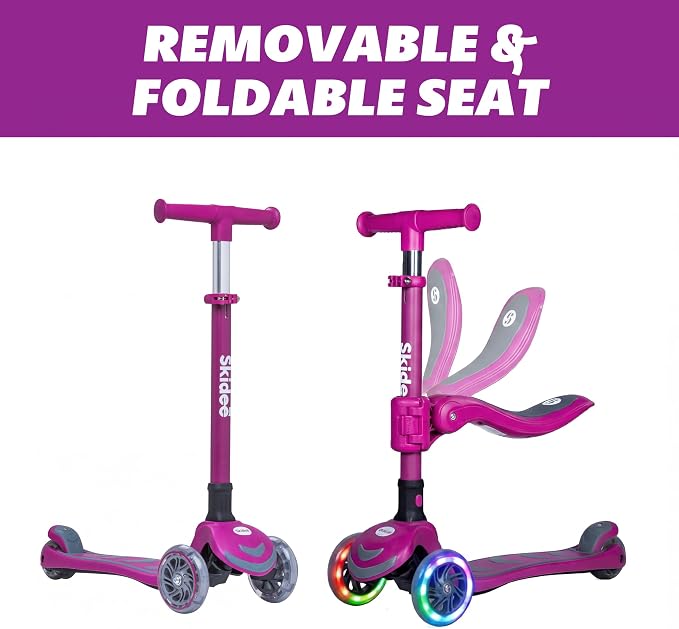 SKIDEE Kick Scooter for Kids Ages 3-5 | Foldable 3 Wheel Scooter with Lean-to-Steer, Adjustable Height, Removable Seat & LED Light Wheels | Toddler Scooter Up to 12 Year Old Boys/Girls