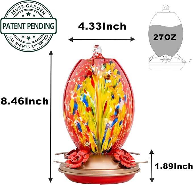 Muse Garden Glass Humming Bird Feeders for Outdoors - 27OZ Blown Glass Hummingbird Feeder - Unique Gift Mom Bird Lovers Women, Outdoors Hanging Garden Decor, Includes Ant Moat & Brush, Red Phoenix