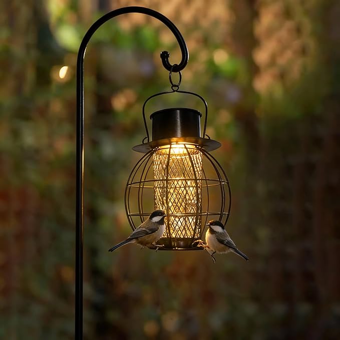 Suet Ball Bird Feeder Outdoor Hanging- Heavy Duty Metal Bird Feeder with Solar Lights,Chew-Proof,Outdoor Solar Lantern Feeder for Small Birds, Unique Gifts for Mom, Grandma (Black)