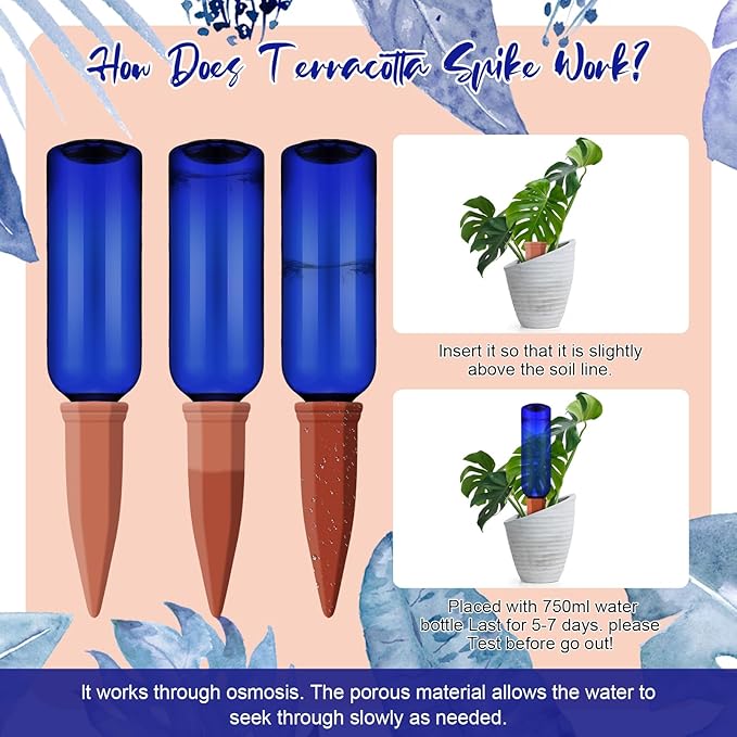 Teenyyou 12 Pcs Watering Spikes for Indoor Plants Include 6 Terracotta Self Watering Spikes Devices and 6 Pcs 26 oz Plastic Bottles Slow Release Vacation Insert Automatic(Blue)