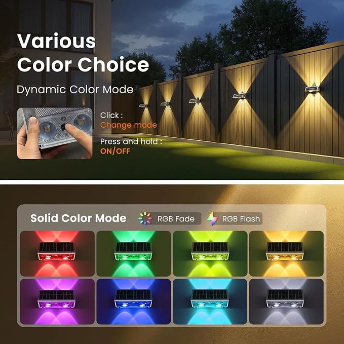 JOFIOS Solar Fence Lights Outdoor,8Pack,Warm White+RGB 9 Colors,1200mAh,Up and Down Fence Lights Solar Powered Waterproof,Solar Wall Lights for Fence,Backyard,Porch（White）