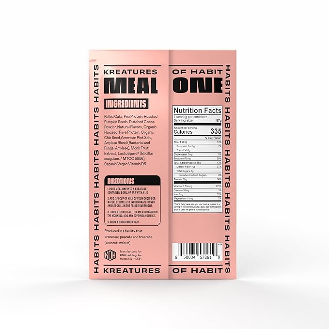 Kreatures of Habit MEAL ONE | Overnight & Instant Superfood Protein Meal Replacement | Gluten Free, Dairy Free, 30g of Plant Based Protein, With No Added Sugar | Chocolate | Pack of 7