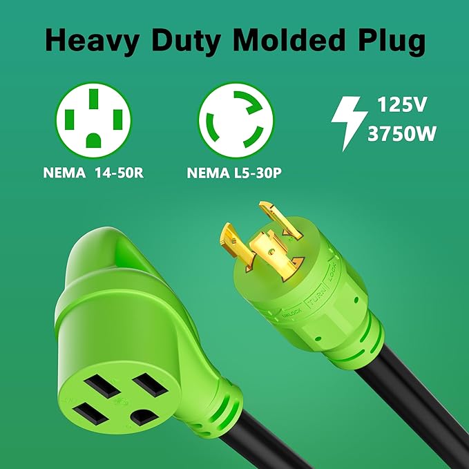 30 Amp to 50 Amp RV Generator Adapter Cord, NEMA L5-30P Twist Lock Male Plug to NEMA 14-50R Female Receptacle with Handle, STW, 10AWG, Electrical Power Cord for Generator to RV Trailer Camper, 1FT