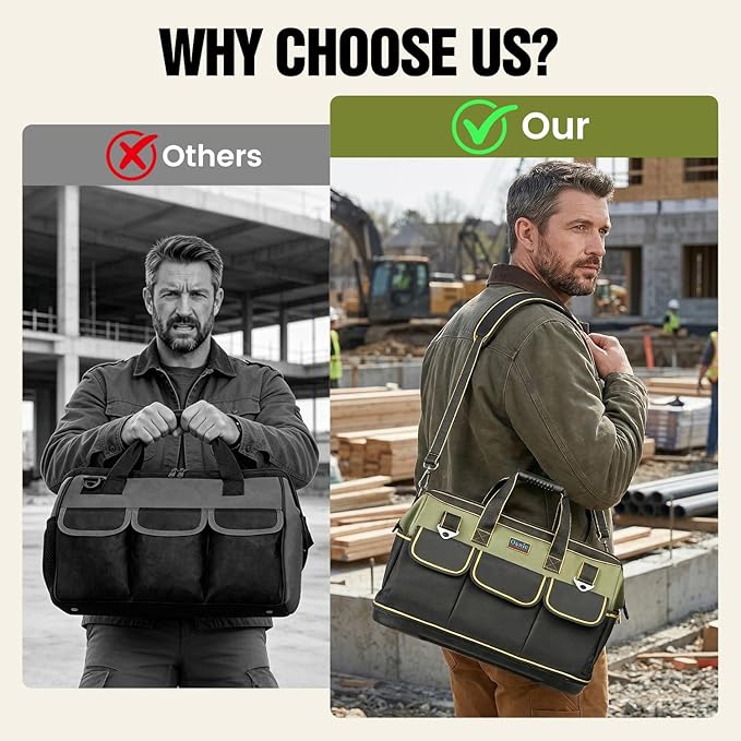 Tool Bag, Ounic 16 Inch BigTool Tote Bag Heavy Duty With Waterproof Molded Base, Wide Mouth Tool Box Organizer with Adjustable Shoulder Strap for Electrician Mechanic Craftsman Plumbers(Green)