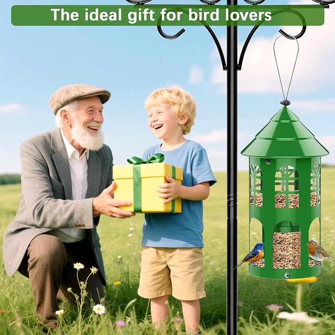 Metal Bird Feeder for Outdoor Hanging, Large Capacity Wild Bird Feeder with Weatherproof Roof & Squirrel-Proof Design, Easy to Fill & Clean, Ideal for Cardinals, Finches, and Blue Jays