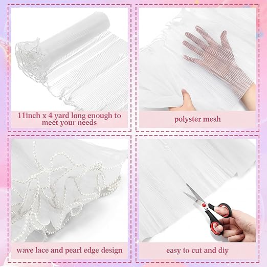 Gilprop 8 Pcs Flower Wrapping Mesh Paper, 11 Inch x 4 Yard Wavy Pearl Edge Wrinkled Flower Packaging Mesh, Florist Supplies for Teacher Mother's Day Gifts (White)