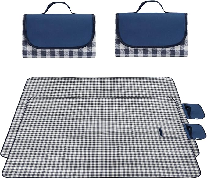 Wind Tour Waterproof Picnic Blanket with Carry Strap - Foldable Sandproof Outdoor Mat for Camping, Beach, Park - 59" x 71",Grey Grid (Two Mat Set)