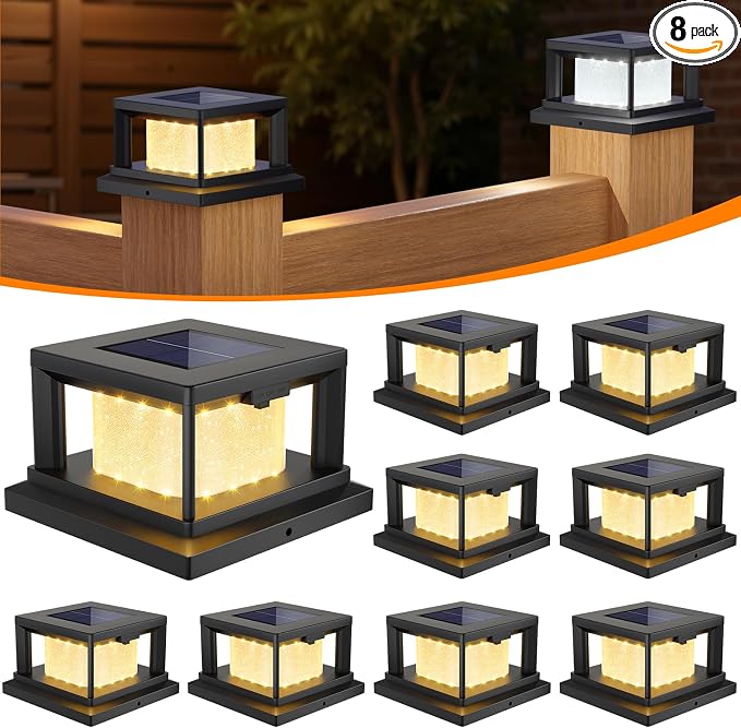Mlambert 4x4 Solar Post Cap Lights 8-Pack, 2 Lighting Modes Solar Fence Cap for Wooden Vinyl Post, Waterproof Deck Light Patio Porch Decoration, Black