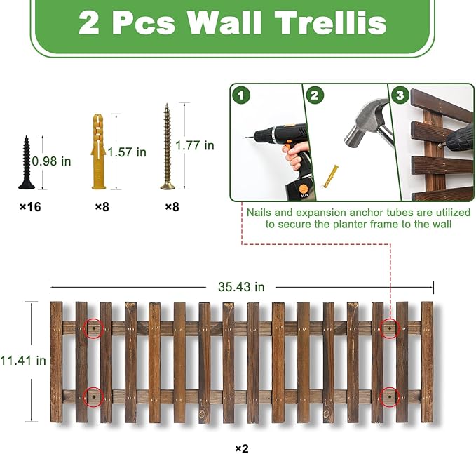 Mulctun 2 Pcs Wall Planters - 11.4"W x 35.43"H Wooden Wall Planters for Indoor Outdoor Plants,Hanging Wood Wall Trellis,Wall Mounted Plant Holder for Orchids,Succulent,Air Plants,Hanging Pots Display