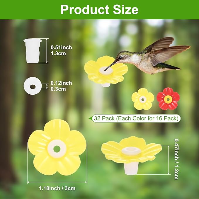 M METERXITY 32-Pack Hummingbird Feeder Replacement Flowers, Plastic Pet Hummingbird Feeding Parts Feeding Ports for Outdoor Hanging Feeders, Bees Guards [Yellow, Red]