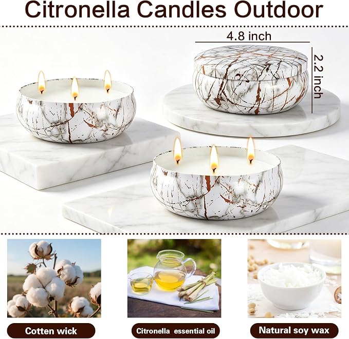 Citronella Candles Outdoor, 3 Pack Large Citronella Candle for Patio, 12oz, 3 Wick Soy Wax Candle, Long Lasting 240 Hours Total for Backyard Camping Deck Garden, Summer Indoor Outside Home Use