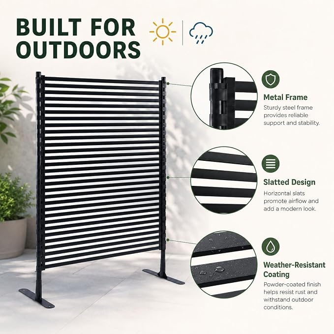 FOLLOOK Metal Privacy Screen Outdoor Freestanding, Poly-Coating Rustproof Metal Decorative Slatted Privacy Screen Fence Panels for Outside Backyard Garden Patio Deck, 48" W x 71" H, Black