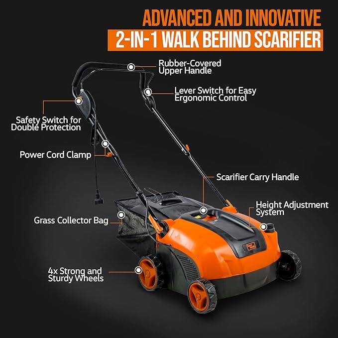SuperHandy 2 in 1 Walk Behind Scarifier, Lawn Dethatcher Raker Corded Electric 120V 12-Amp 15-Inch Rake Path with Collection Bag for Yard, Lawn, Garden Care, Landscaping