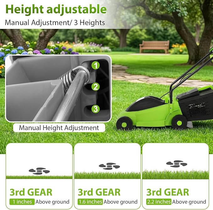 ‌FDW 13-Inch Electric Corded Push Lawn Mower - 12 Amp Motor, 3-Position Height Adjustment, Dethatcher Function & Grass Collection Box
