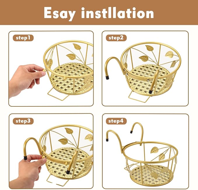 3 Pack Hanging Planter Holders, Golden | Heavy Duty Metal, For Balcony Railings, Indoor Outdoor Use, Deck Fence Garden Patio Porch