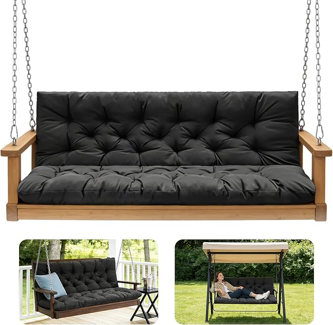 Porch Swing Cushions,Outdoor Cushions 3 Seater Replacement with Backrest, Waterproof Thickened Bench Cushion with Ties for Porch, Patio,Outdoor, Backyard and Garden (Black 47 * 40 in)
