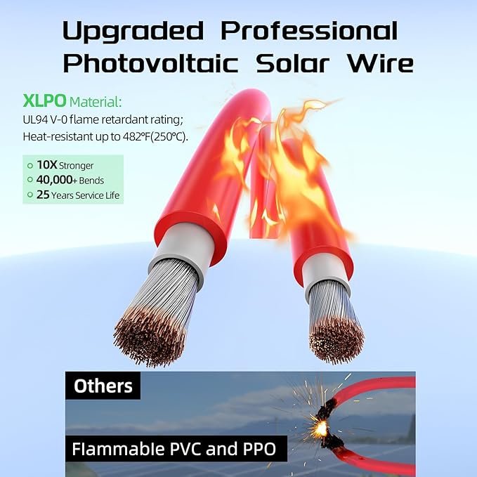 Bateria Power Solar Panel Cable 100FT Solar Extension Cable, 10AWG (6mm²) Tinned Copper Wire for Outdoor Automotive RV Boat Marine Solar Panel- Red (10AWG 100FT)