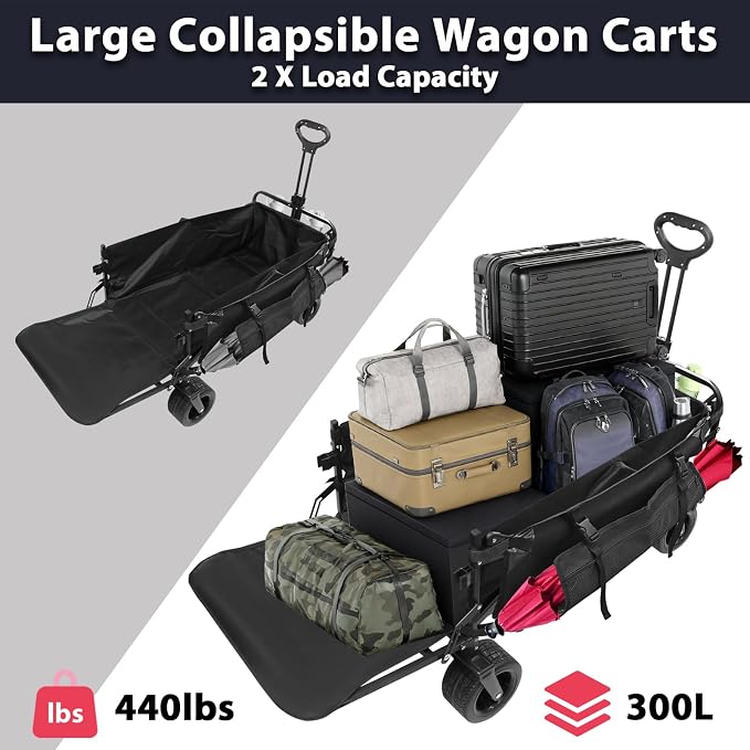 440 LBS Wagons Carts Foldable, Folding Collapsible Wagon Cart with Big All-Terrain Wheels & Cup Holders, Utility Graden Carts for Camping, Beach, Garden and Shopping
