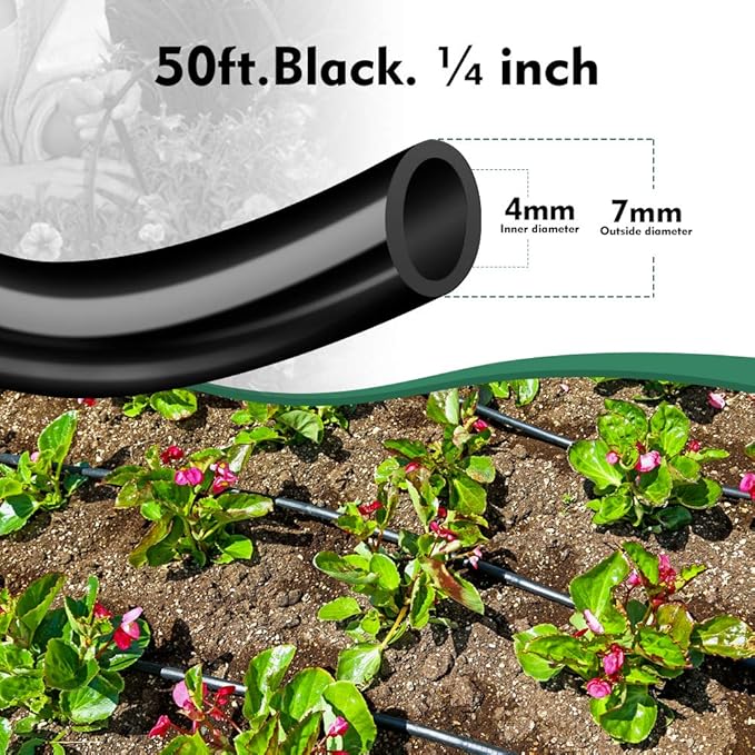 Bonviee 50ft 1/4" Drip Irrigation Tubing – Flexible, Durable Hose, Compatible with 1/4 inch Barbed Tee, Micro-Emitters & Misters, Easy Install for Home Garden Repair