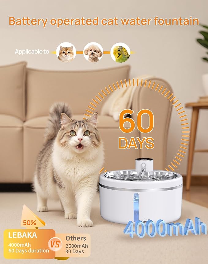 Wireless Cat Water Fountain [with Stainless Steel Tray], 84oz/2.5L Pet Fountain for Cats Inside, Cat Fountain for Drinking with Motion Sensor, Ultra Quiet for Small Animals-[BPA-Free]