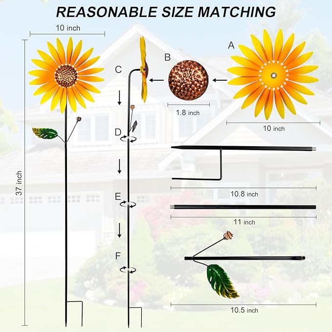 2 Packs Wind Spinners Outdoor, Sunflower Decor Windmill for Yard, Pinwheels, Wind Spinners for Yard Garden, Outdoor Metal Wind Spinner Lawn Decor