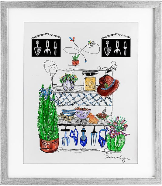 Stupell Industries Spring Gardening Potting Shed Gray Framed Print Under Glass design by Susan Lugar, 16 x 13