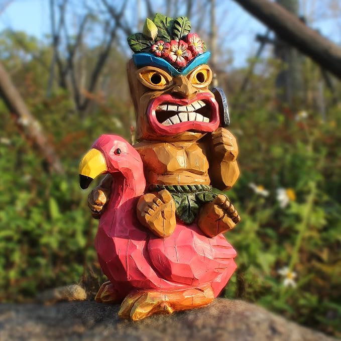 Solar Tiki Garden Statue Outdoor Decor with Flamingo Waterproof for Tiki Bar, Patio, Balcony, Yard, Lawn, Front Door Decorations, Gardening Gift for Tiki Man