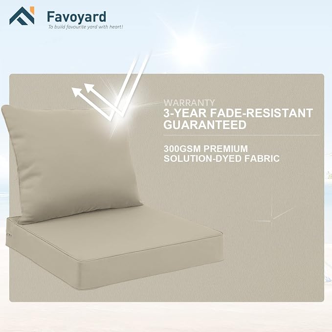 Favoyard Outdoor Seat Cushion Set 22 x 24 Inch Waterproof & Fade Resistant Patio Furniture Cushions with Removable Cover Deep Seat & Back Cushion with Tie Straps for Chair Sofa Couch