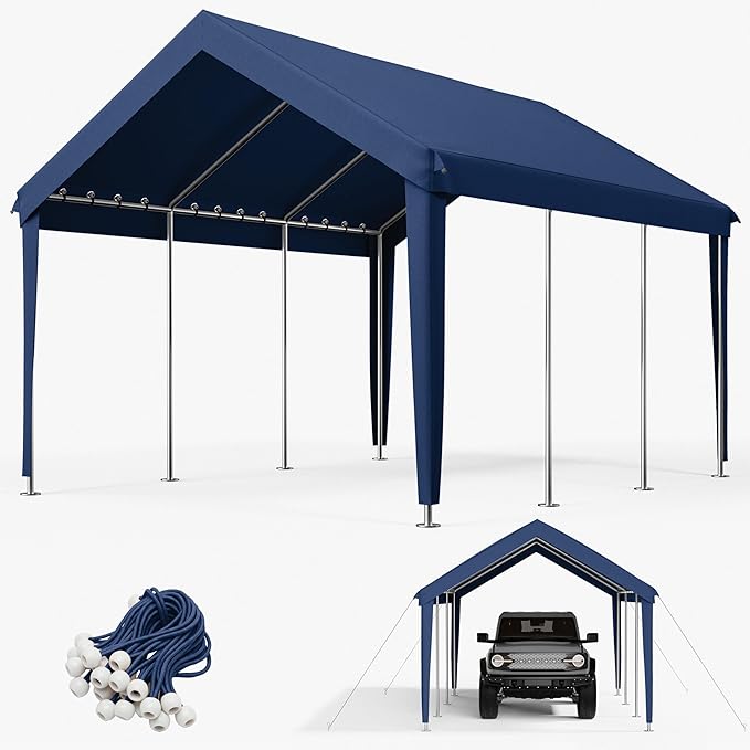 10 x 20 Ft Carport Replacement Cover, Heavy Duty Outdoor Car Tarp Canopy, Waterproof & UV Protected Tear Oxford Tarp with Ball Bungees (Frame is Not Included)