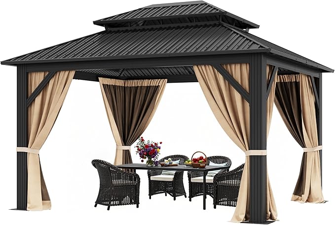 YITAHOME 12x14ft Gazebo Double Roof Hardtop Canopy Outdoor Heavy Duty w/Nettings and Curtains, Upgraded Aluminum Column Galvanized Steel Vertical Stripes Roof for Patio, Backyard, Deck, Lawns, Brown