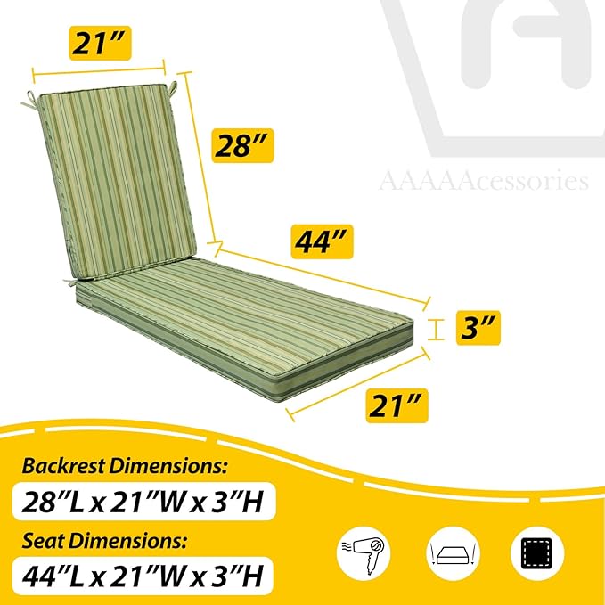 AAAAAcessories Outdoor Chaise Lounge Cushions, Fade-Resistant, Waterproof Patio Furniture Replacement Cushions, 72" x 21" x 3", Set of 2, Mossy Forest Stripe
