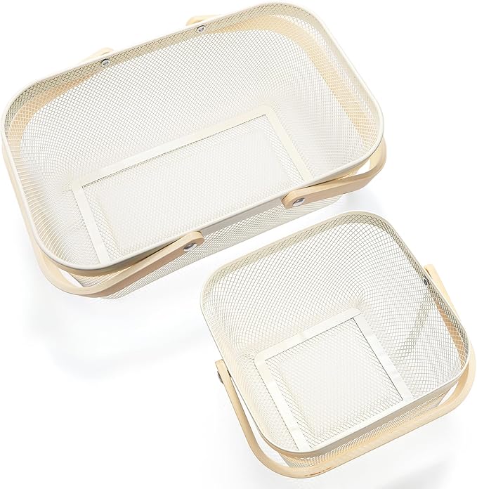 ZEAYEA 2 Pack Harvest Basket with Handle, Garden Baskets for Gathering Vegetables, Multi-functional Metal Mesh Fruit Basket, White Mesh Storage Basket for Picnic Kitchen Garden Cabinet Pantry Bathroom