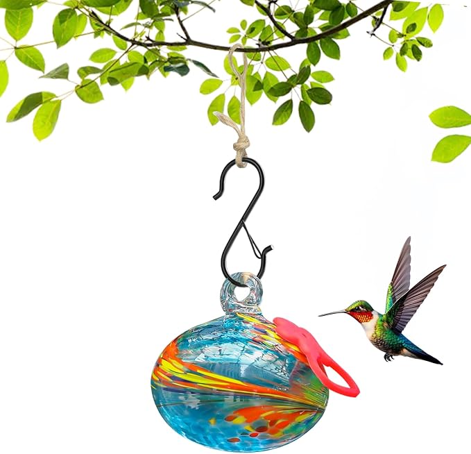 Pozfun Small Hummingbird Feeders for Outdoors Hanging,Hand-Blown Glass Hummingbird Feeder with Silicone Feeding Perch,Never Leak,Gardening Gifts for Woman Man(Blue)
