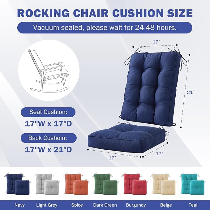 IPYNBAP Rocking Chair Cushion, Waterproof and Fade-Resistant Patio Chair Cushions, Tufted Chair Pads for Rocker Furniture, 17x17 Inch, Indoor/Outdoor Seat Cushions with Ties, Navy Blue (Pack of 2)