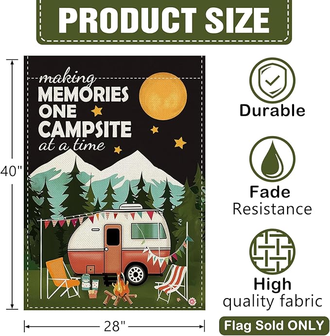 Dyrenson Camper RV 28 x 40 House Flag Double Sided, Making Memories One Campsite at a Time Camping Garden Yard Decoration, Campfire Firepit Burlap Outdoor Decor Decorative Large Flag