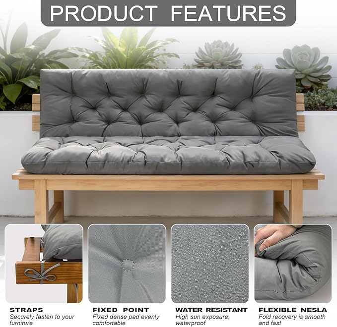 Porch Swing Cushions, Outdoor 3 Seats Swing Cushion Replacement Pad with Backrest, Waterproof Bench Cushion with Ties, for Porch,Garden,Backyard Furniture Patio Lounger (Light Gray 60 * 40 in)