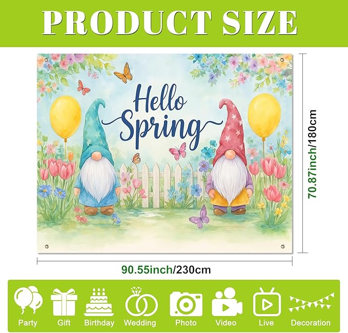 BlissYard Hello Spring Backdrop Cute Gnome Garden Scene Colorful Flowers Butterfly Fence Photo Booth Background Spring Party Home Decoration 8x6ft for Birthday Celebration Classroom Event Display