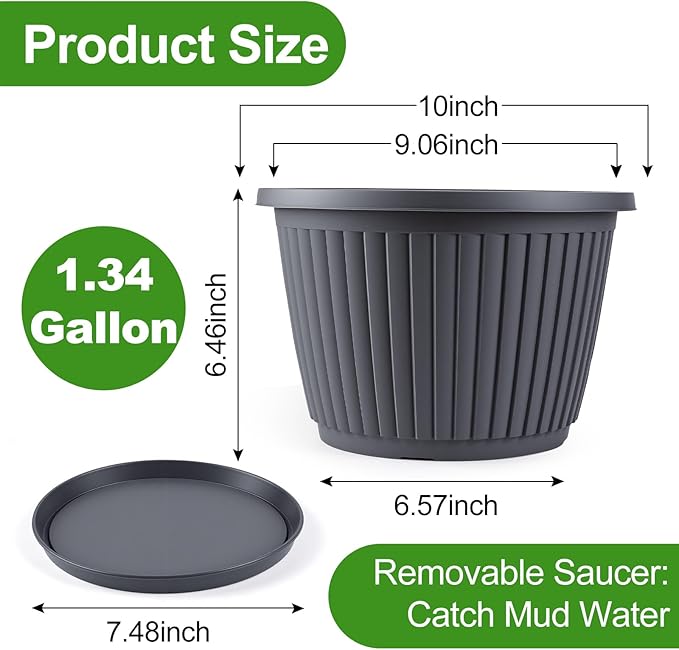 10-inch-Planters-for-Outdoor-Plant，Plastic Indoor Flower Pots with Drainage Holes & Saucer, 4 Packs Decorative Garden Pots for Plant for Home Porch Decor