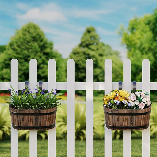 2 Pack Wooden Railing Planters, Hanging Flower Pots with Detachable Hooks for Balcony Deck Porch Garden Country Home Decor (Carbonized)
