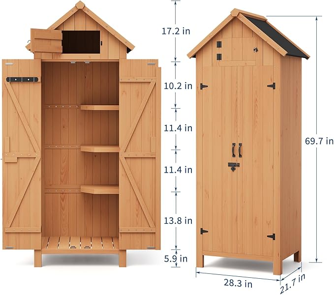 Outdoor Wooden Storage Wardrobe – Waterproof, Lockable Doors, 3 Adjustable Shelves, Multi-Wall Garden Organizer for Patio, Balcony – 177×72×54cm