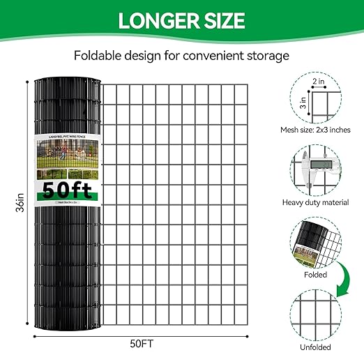 Welded Wire Fence, 50ft(L) x 36inch(H) PVC Anti-Rust Coated Wire Mesh, 2 Inch x 3 Inch 16GA Garden Edging Border, Roll Metal Animal Barrier for Yard Vegetable Plant Protection Poultry Netting