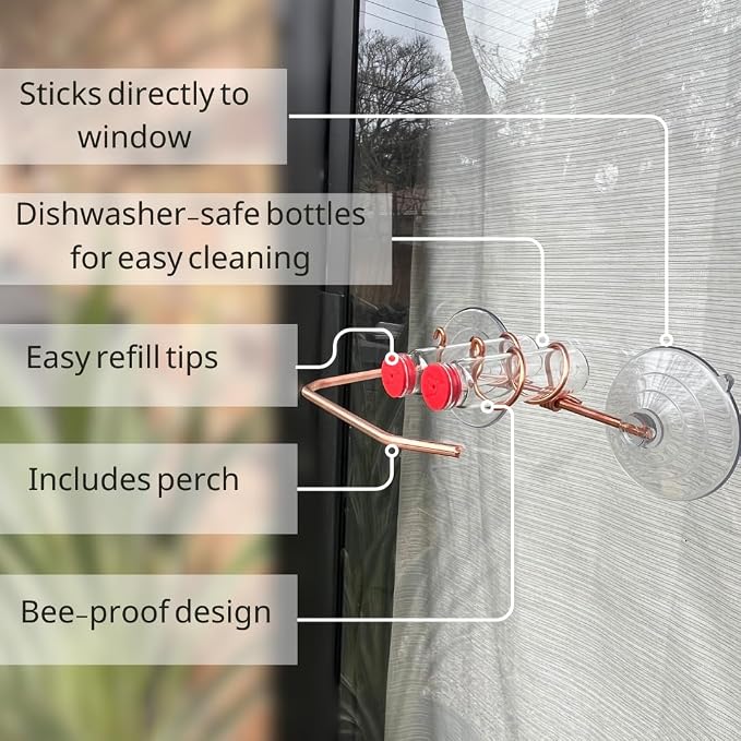 Duo Feeder | Window Hummingbird Feeder | Copper and Aluminum | Multiple Stations | Modern Hummingbird Feeder | Glass Bottles | Suction Cups (Copper, Two Station - Wide Perch)