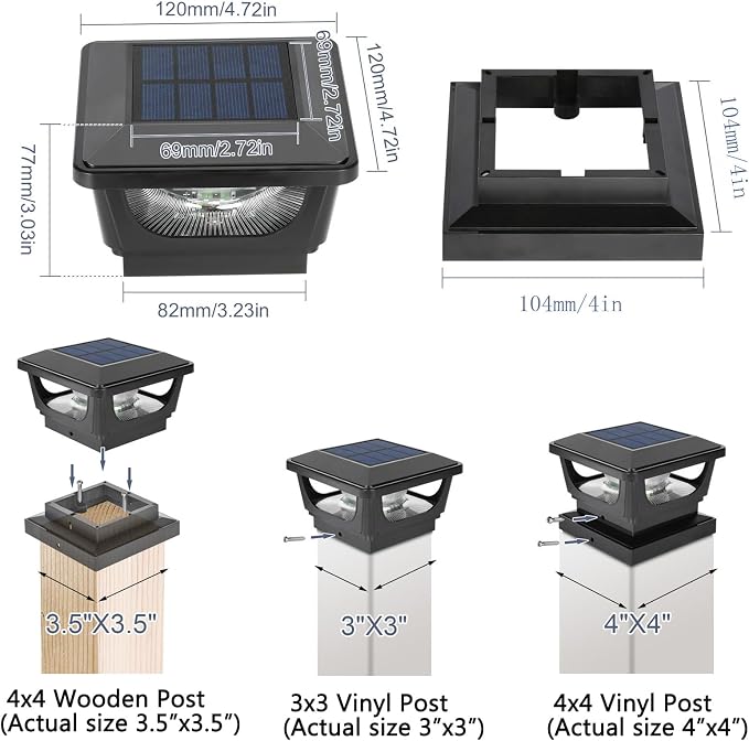 Sumaote Solar Post Cap Lights, 120 Lumen 3000K Warm White LED for 3x3 Metal/Vinyl & 4x4 Wood Posts, IP65 Waterproof Outdoor Garden Fence Deck Lighting, Dusk-to-Dawn Auto On/Off (4 Pack)