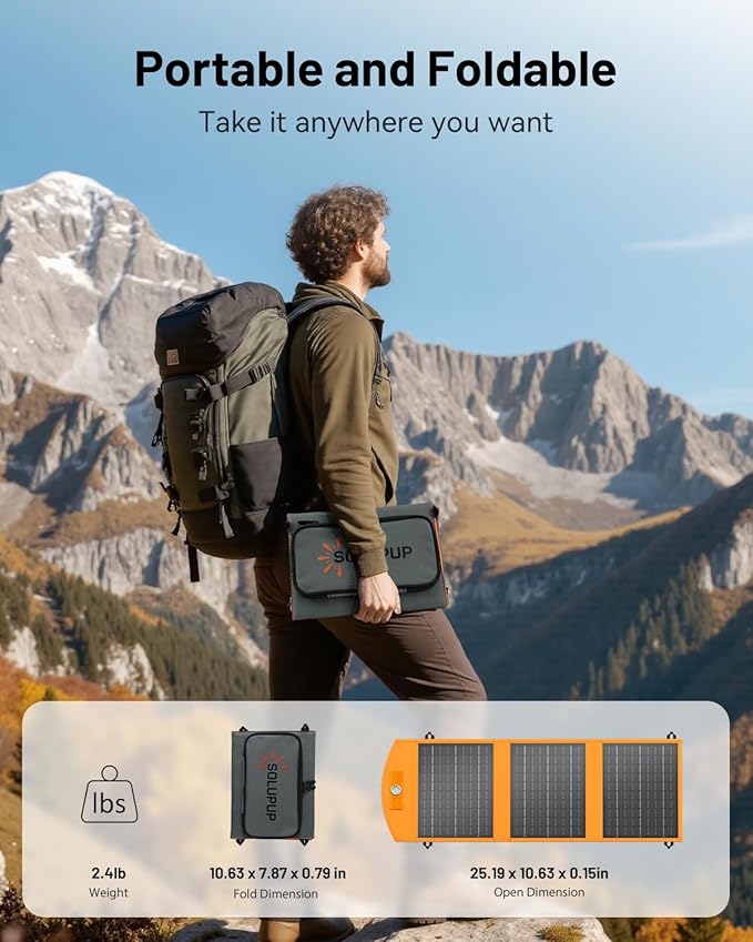 SOLUPUP Solar Panels 30W Portable Foldable Solar Charger with 5V USB-A and USB-C Fast Charging Compatible with iPhone, iPad, Samsung, Power Banks, IPX5 Waterproof Perfect for Camping, Hiking, Outdoor