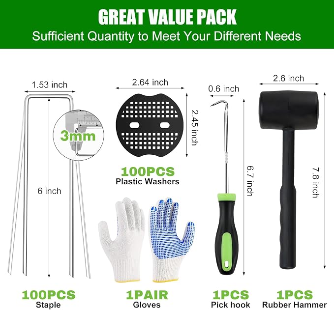 Ground Staples with Rubber Hammer,Pick Hook and Gloves,6Inch 100pcs Galvanized Garden Pegs+ 100pcs Gaskets,Anti-Rust,U-Shaped Lawn Spikes,Landscaping Fabric Pins for Weed Barrier,Yard Grass Cover