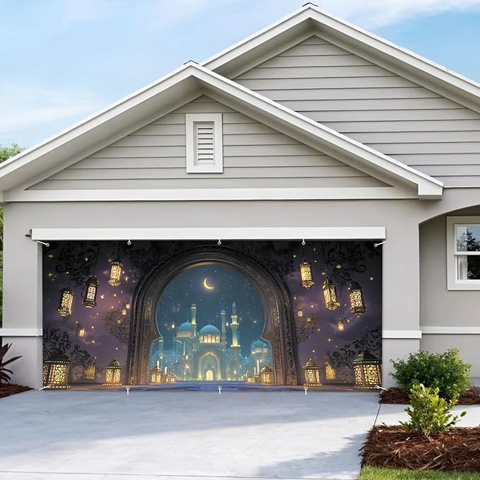 7 * 16FT Summer Garage Door Cover Decorations Sunset Palm Trees Garage Door Banner for Outdoor Indoor Summer Party Photography Backdrop (Ramadan, 7 * 16 ft)