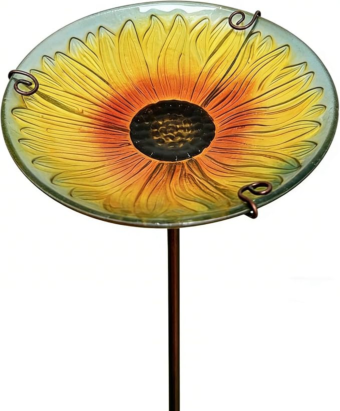 10.5" D Glass Bird Bath with Stake – Shallow Bird Bath for Outside Garden Backyard – Decorative Birdbath & Feeder for Patio Lawn – Hand-Painted Glass Water Dish, Sunflower
