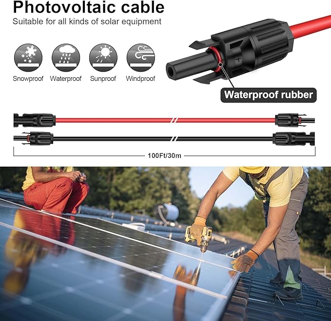 iGreely 100FT Red + 100FT Black Solar Panel Extension Cable (Male-to-Male, 10AWG, IP67, UV & Corrosion Resistant)